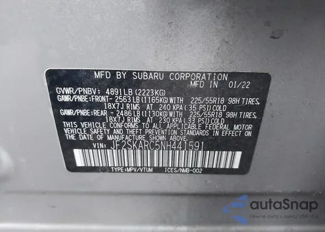 2022 Subaru Forester Touring z USA, uszkodzony, nr VIN JF2SKARC5NH441591